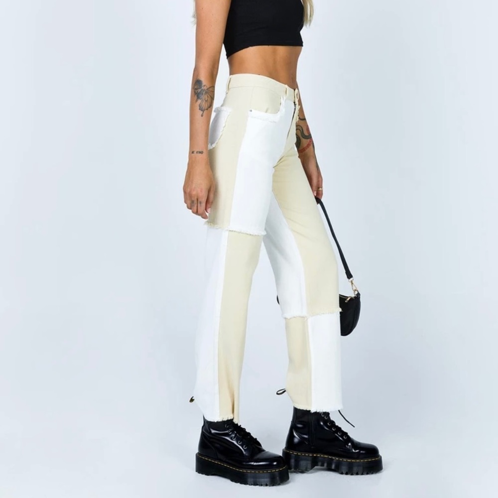 Princess Polly - OUTCAST STRAIGHT LEG PANEL JEANS BEIGE/WHITE - Picture 3 of 7